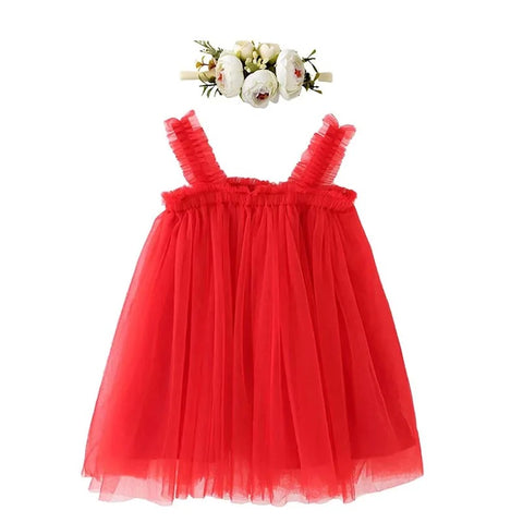 Red Tulle dress with floral crown, BG