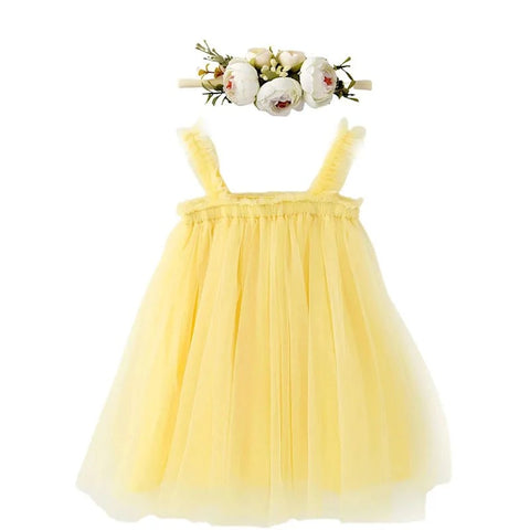 Yellow tulle dress with foral crown, BG