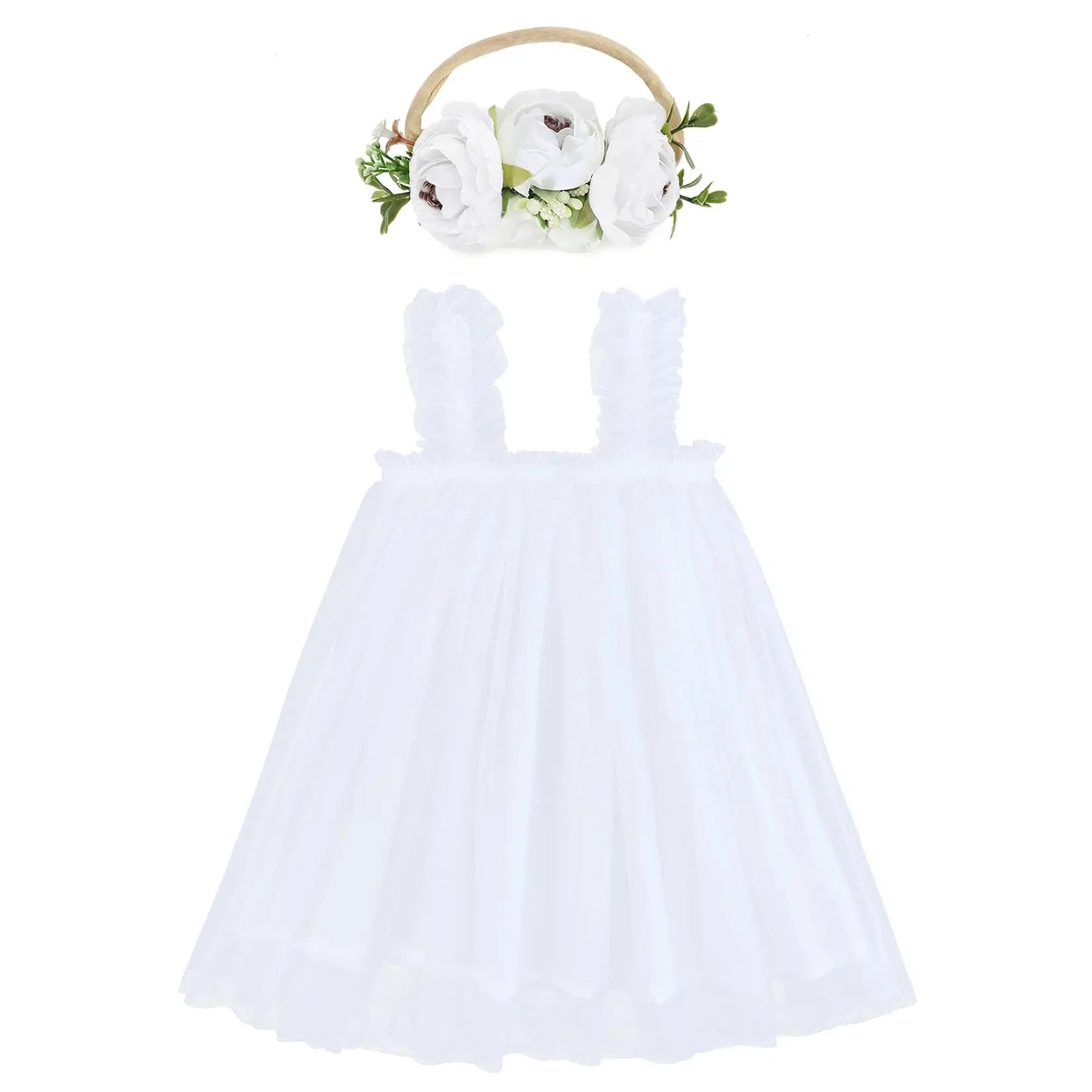 White tulle dress with flower crown, BG